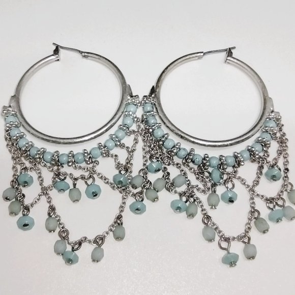 Vintage Turquoise Blue Bead Silver Hoops - Picture 5 of 7